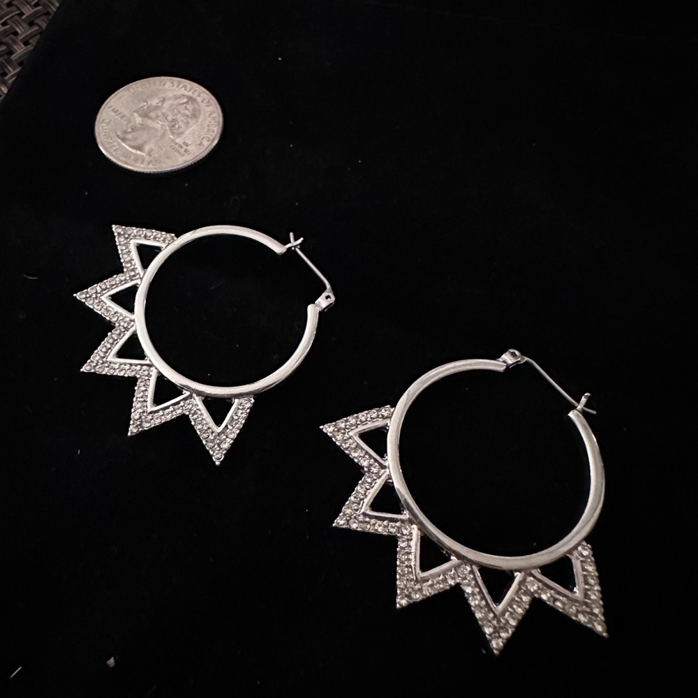 Silver Hoop Earrings with Geometric Rhinestone Design